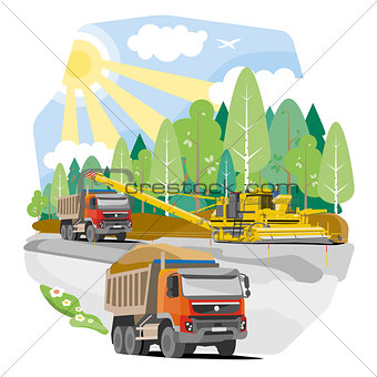 Drawing color dump trucks construction of the road