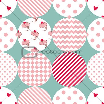 Tile patchwork vector pattern with polka dots, plaid and strips on pastel background