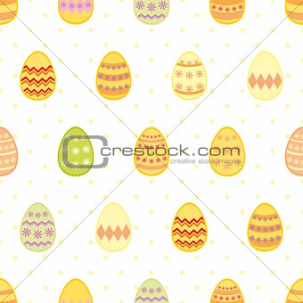 Tile vector pattern with easter eggs on yellow polka dots on white background