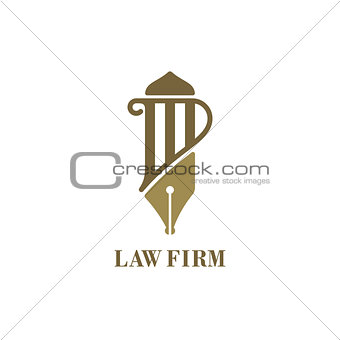 Law service logo with pillar and fountain pen. Vector illustrati
