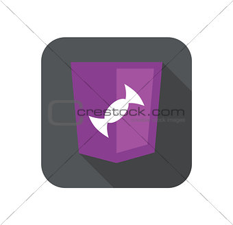 web development shield violet candy sign isolated icon on grey badge with long shadow