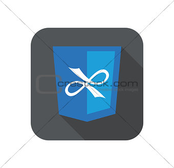 web development shield blue ribbon sign isolated icon on grey badge with long shadow