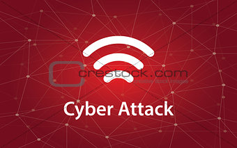 cyber attacks white text illustration with constellation map on red background and signal bar icon