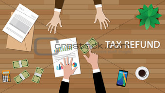 tax refund concept illustration with two people discuss on a table with paperworks, money and folder document on top of table