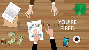 you're fired illustration with man pointing to another man, and paperworks, money and folder document on top of table