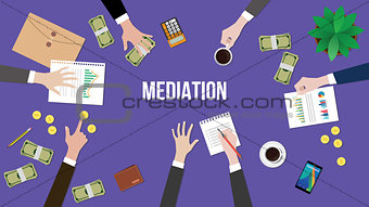 mediation concept discussion illustration with people discuss in a meeting with paperworks, money and coins on top of table