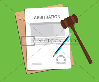 arbitration agreement letter stamped with folder document, blue pencil and judge hammer