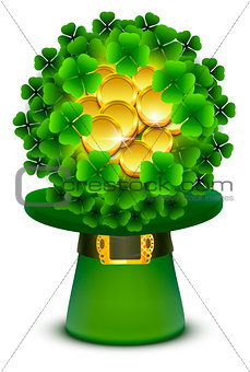 Green clover leaves and gold coins ball in top cylinder hat