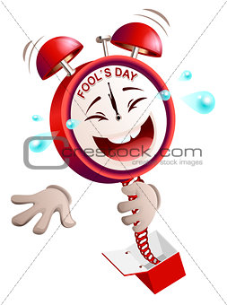 Fools day time. Clock hours service laughs surprise on spring from box