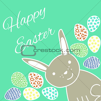 Happy Easter Card with Rabbit and Eggs
