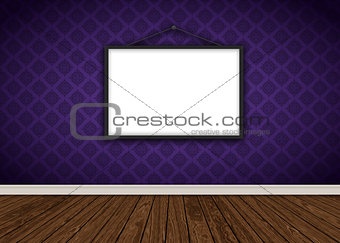 Interior with purple damask wallpaper with blank picture frame