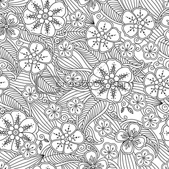 Abstract hand drawn outline seamless pattern with flowers and leafs isolated on white background.