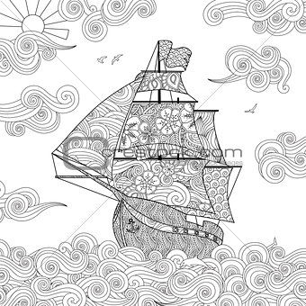 Ornate image of sailing ship on the wave in zentangle inspired doodle style. Square composition.