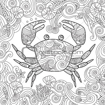Coloring page. Ornate crab isolated on white background.