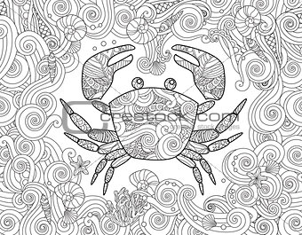 Coloring page. Ornate crab and sea wave curl background.