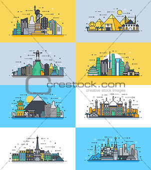 Brazil Russian France, Japan, India, Egypt China USA architecture buildings town city country travel icon linear style