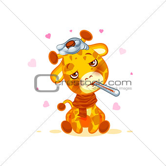 Emoji character cartoon Giraffe sick with thermometer in mouth sticker emoticon