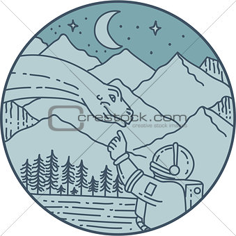 Astronaut Brontosaurus Moon Stars Mountains Circle Mono Line
