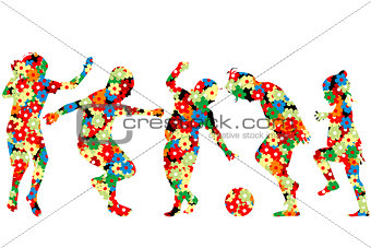 Children silhouettes made of  flowers pattern