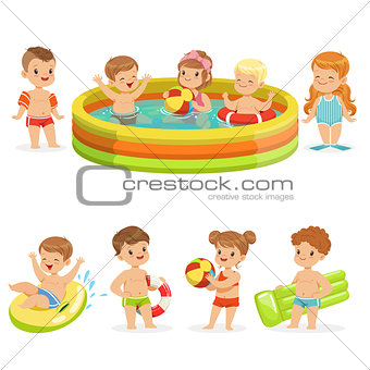 Small Children Having Fun In Water Of The Pool With Floats And Inflatable Toys In Colorful Swimsuit Collection Of Happy Cute Cartoon Characters
