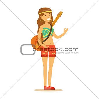 Girl Hippie Dressed In Classic Woodstock Sixties Hippy Subculture Clothes With Guitar On Shoulder Belt