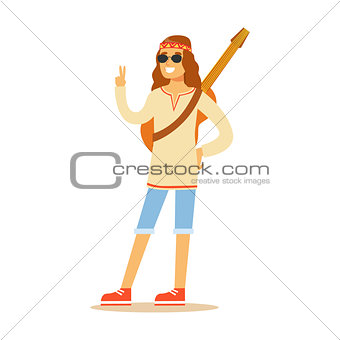Guy Hippie Dressed In Classic Woodstock Sixties Hippy Subculture Clothes And Round Shades Showing Peace Gesture