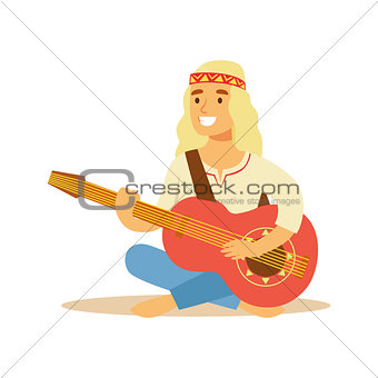Guy Hippie Dressed In Classic Woodstock Sixties Hippy Subculture Clothes Sitting Barefoot With Guitar