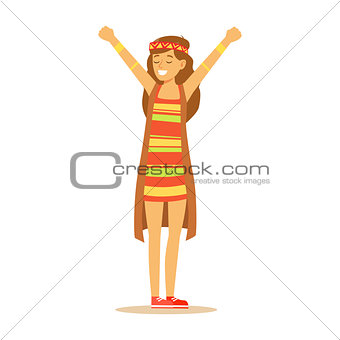 Girl Hippie Dressed In Classic Woodstock Sixties Hippy Subculture Clothes, Colorful Dress And Long Vest