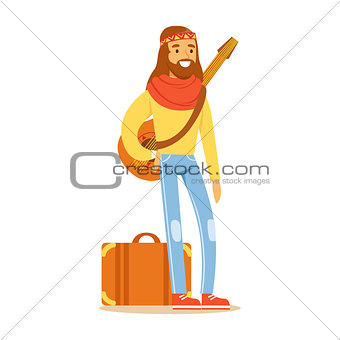 Man Hippie Dressed In Classic Woodstock Sixties Hippy Subculture Clothes Traveling With Guitar And Suitcase