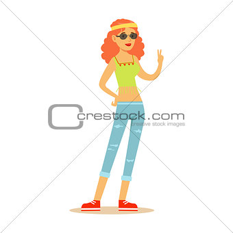 Girl Hippie Dressed In Classic Woodstock Sixties Hippy Subculture Clothes Showing Peace Jesture