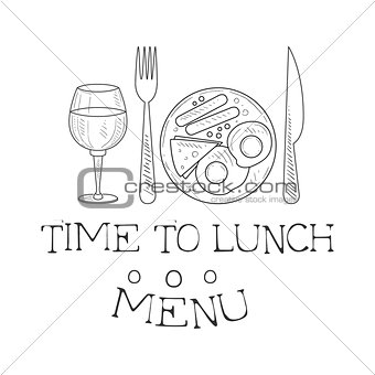 Cafe Lunch Menu Promo Sign In Sketch Style With English Breakfast And Wine Glass, Design Label Black And White Template