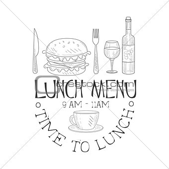 Cafe Lunch Menu Promo Sign In Sketch Style With Full Meal, Design Label Black And White Template