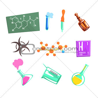 Chemist Scientist And Chemical Science Related Icons And Laboratory Experimental Equipment