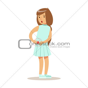 Sick Kid With Lower Abdomen Pain Feeling Unwell Suffering From Sickness Needing Healthcare Medical Help Cartoon Character