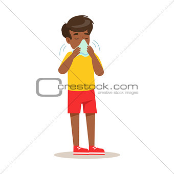 Sick Kid Blowing His Nose Feeling Unwell Suffering From Cold Sickness Needing Healthcare Medical Help Cartoon Character