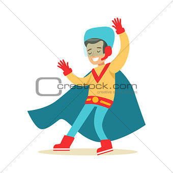 Boy Pretending To Have Super Powers Dressed In Handmade Superhero Costume With Blue Cape Smiling Character