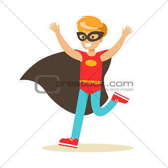 Boy Pretending To Have Super Powers Dressed In Red Superhero Costume With Black Cape And Mask Smiling Character