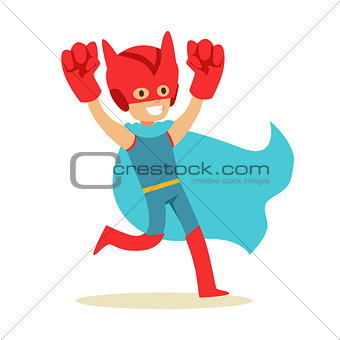Boy Pretending To Have Super Powers Dressed In Superhero Costume With Blue Cape And Giant Fists Smiling Character
