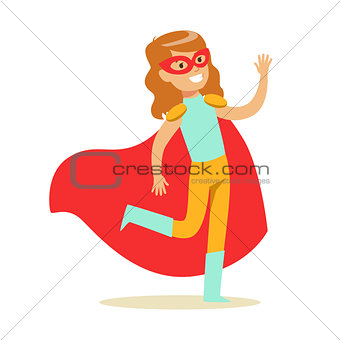 Girl Pretending To Have Super Powers Dressed In Blue And Yellow Superhero Costume With Red Cape And Mask Smiling Character