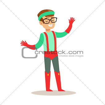 Pretending To Have Super Powers Dressed In Green And Red Superhero Costume With Suspenders And Glasses Smiling Character