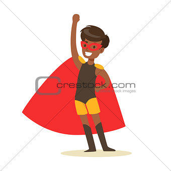 Boy Pretending To Have Super Powers Dressed In Black Superhero Costume With Red Cape And Mask Smiling Character
