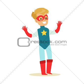 Boy Pretending To Have Super Powers Dressed In Blue Superhero Costume With Star And Mask Smiling Character
