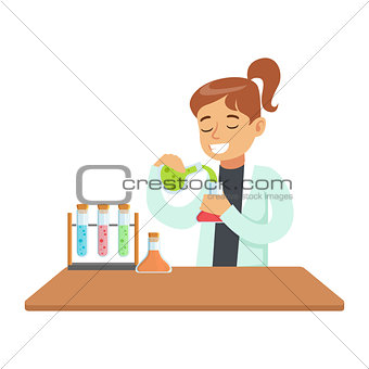 Girl Chemist Experimenting, Kid Doing Chemistry Science Research Dreaming Of Becoming Professional Scientist In The Future