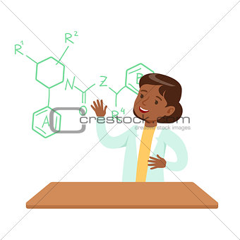Girl Chemist Explaining Skeletal Chemical Formula, Kid Doing Science Research Dreaming Of Becoming Professional Scientist In The Future