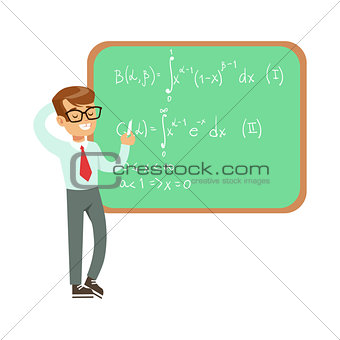 Boy Mathematician Writing Formulas On Blackboard, Kid Doing Science Research Dreaming Of Becoming Professional Scientist In The Future