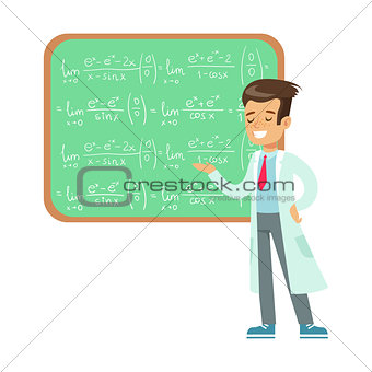 Boy Mathematician Writing Formulas On Blackboard, Kid Doing Math Science Research Dreaming Of Becoming Professional Scientist In The Future
