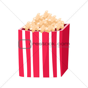 Stripy Paper Bucket With Popcorn Snack, Cinema And Movie Theatre Related Object Cartoon Colorful Vector Illustration