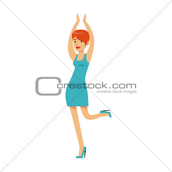 Girl With Short Hair In Blue Dress Dancing On Dancefloor, Part Of People At The Night Club Series Of Vector Illustrations