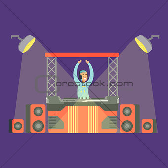 Disk Jockey Playing His Music Set On Stage, Part Of People At The Night Club Series Of Vector Illustrations