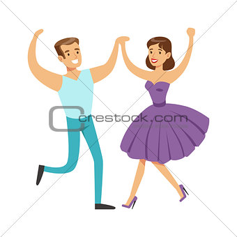 Couple In With Woman In Fancy Dress Dancing On Dancefloor, Part Of People At The Night Club Series Of Vector Illustrations